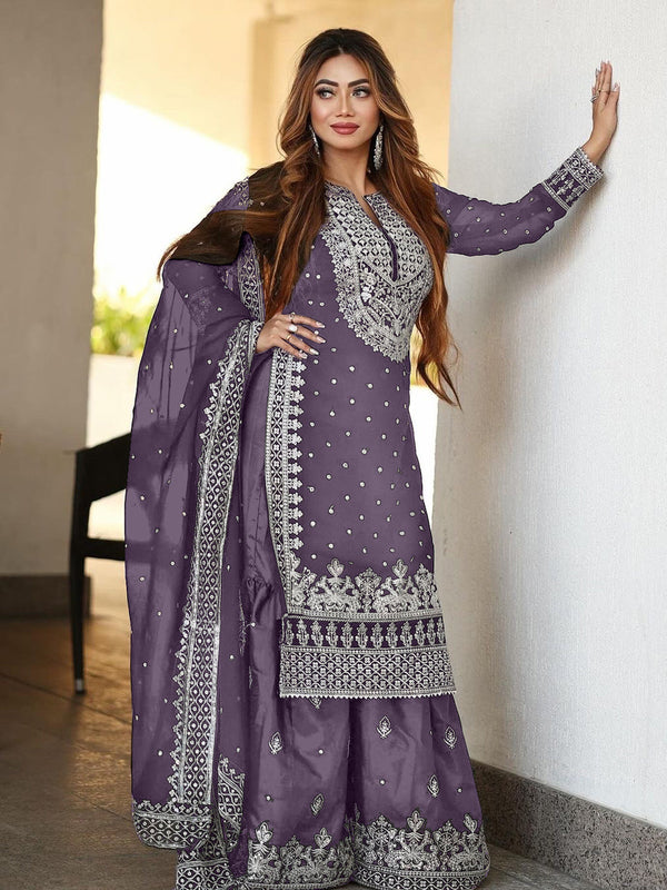 Lavender Heavy Faux Georgette Palazzo Suit 193035